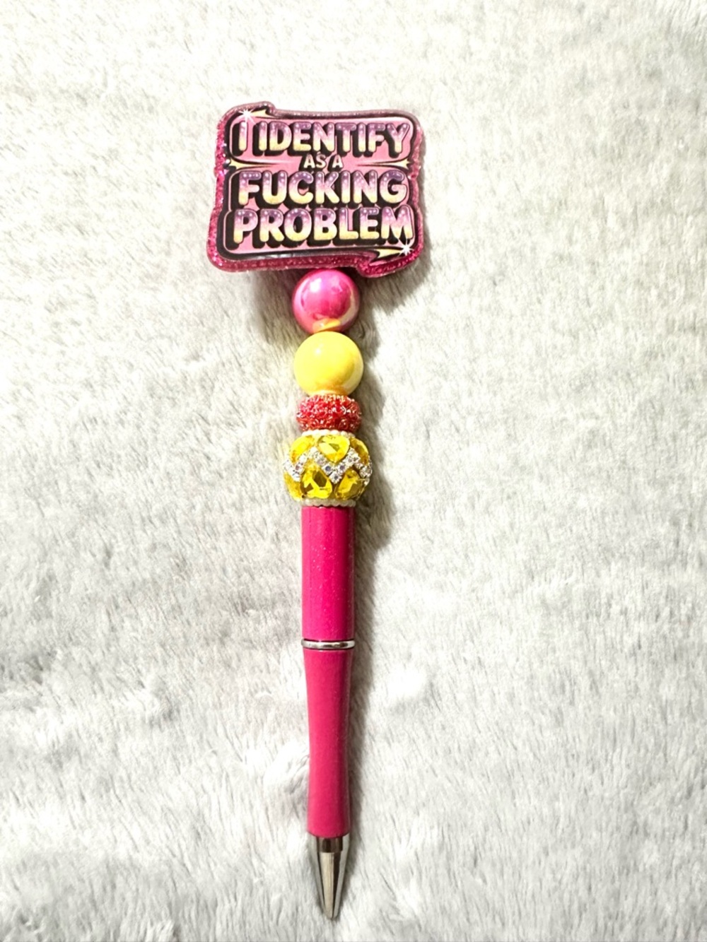 Pink Beaded Statement Pen with Yellow Accents